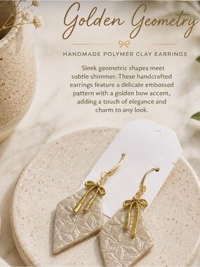 Cream and Gold Geometric Polymer Clay Drop Earrings